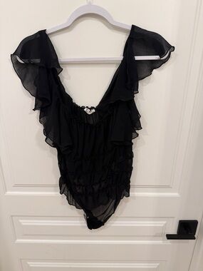 Free People Black Ruffle Chiffon Bodysuit